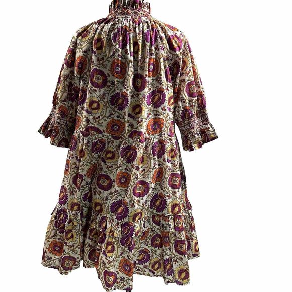 Figue Halima Sz L 100% Cotton Floral Smocked Neckline Tiered Lined Boho Dress - Picture 11 of 16